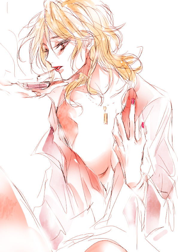 1girl, blonde_hair, cigarette, eyelashes, flat_gaze, jewelry, karanomori_shion, lipstick