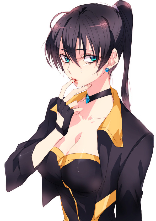 1girl, alternate_costume, black_hair, blood, blue_eyes, breasts, choker, cleavage