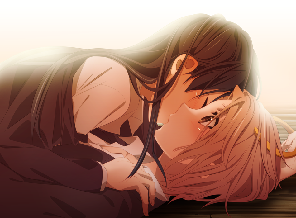 2girls, akiyama_mio, closed_eyes, hairband, hand_on_shoulder, k-on!, kiss, light