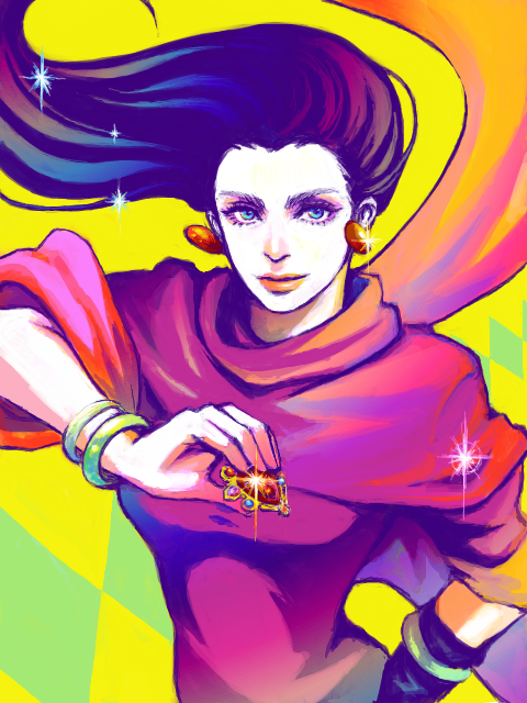 1girl, asma_(tegaki), blue_eyes, blue_hair, bracelet, jewelry, jojo_no_kimyou_na_bouken, lisa_lisa, long_hair, red_stone_of_aja, scarf, solo, tegaki