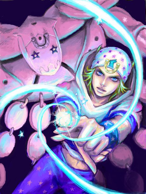 1boy, asma_(tegaki), beanie, blonde_hair, blue_eyes, hat, johnny_joestar, jojo_no_kimyou_na_bouken