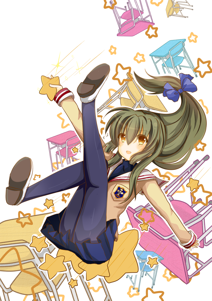 1girl, brown_eyes, brown_hair, clannad, ibuki_fuuko, long_hair, pantyhose, school_desk