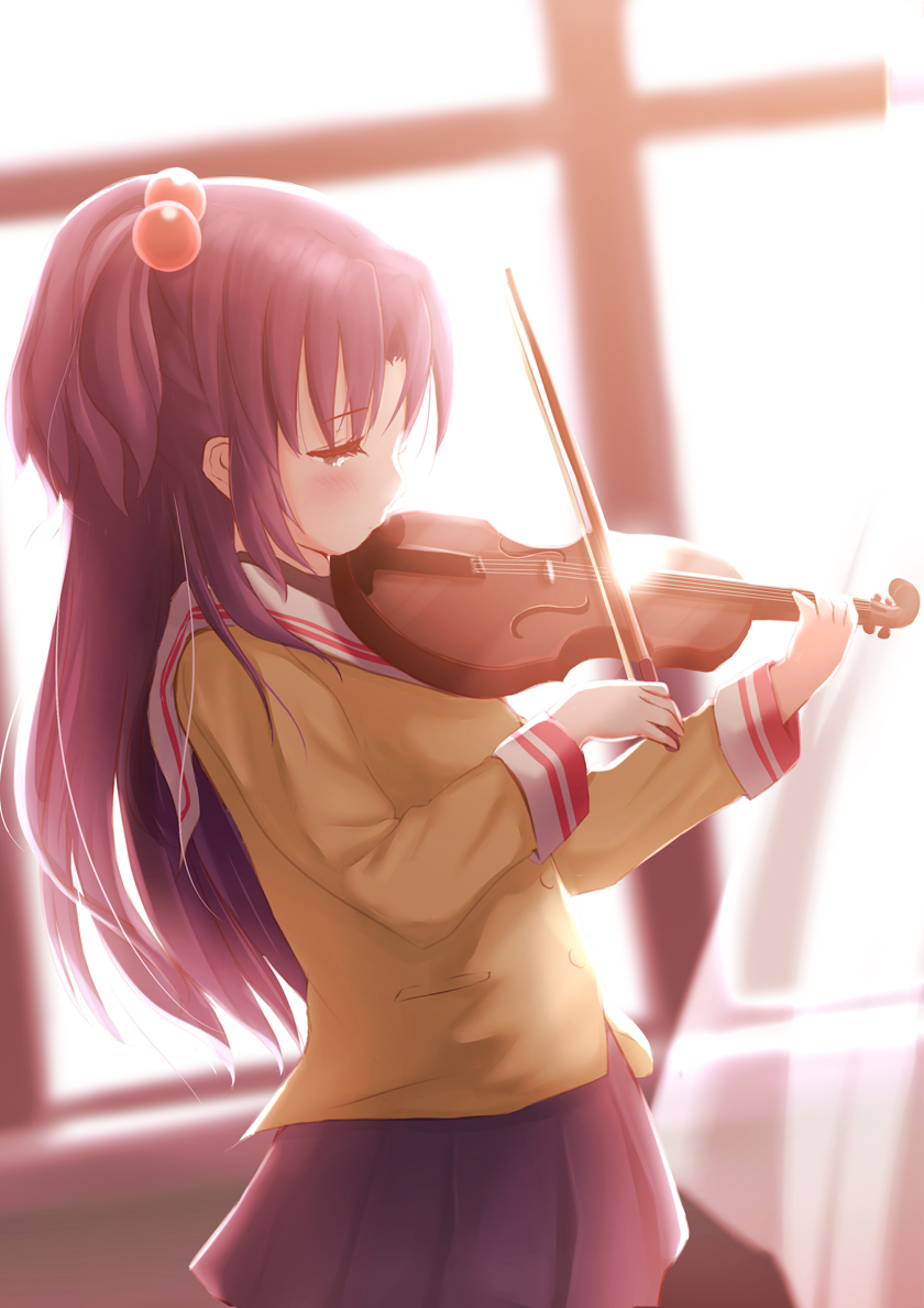 blue_hair, clannad, closed_eyes, hair_bobbles, hair_ornament, ichinose_kotomi, instrument, long_hair