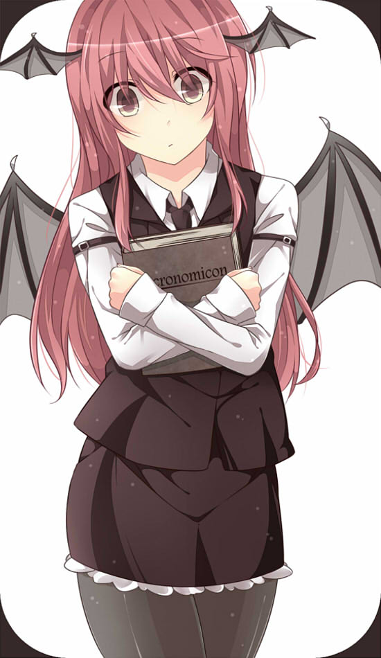 :/, arm_garter, bat_wings, black_legwear, book, book_hug, crossed_arms, dress_shirt