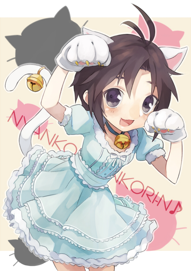 animal_ears, bell, black_eyes, black_hair, gloves, idolmaster, kikuchi_makoto, smile