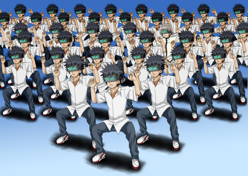6+boys, black_hair, blue_background, clone, crossover, gradient, gradient_background, head_mounted_display
