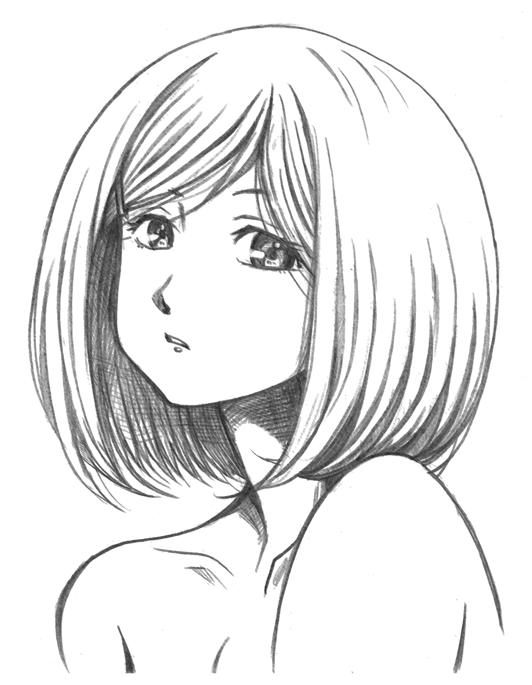 1girl, bare_shoulders, bbb_(friskuser), eba_kurako, highres, hyouka, lineart, monochrome