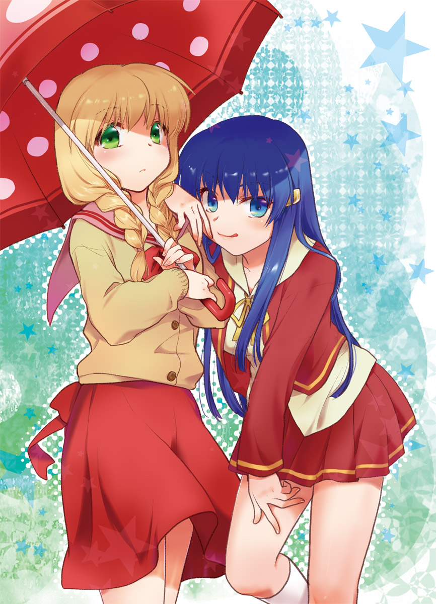 2girls, amasawa_ikumi, blonde_hair, blue_eyes, blue_hair, green_eyes, misaki_juri, moon_(game), one_-_kagayaku_kisetsu_e, satomura_akane, school_uniform, umbrella
