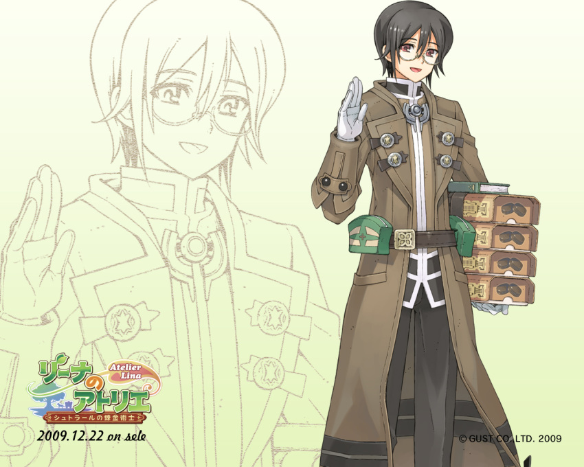 1boy, 2009, atelier_(series), atelier_lina, black_hair, book, brown_eyes, coat, copyright_name, dated, gerard_doche, glasses, gloves, gradient, gradient_background, male, official_art, pants, smile, solo, wallpaper, watanuki_nao, white_background, yellow_background, zoom_layer