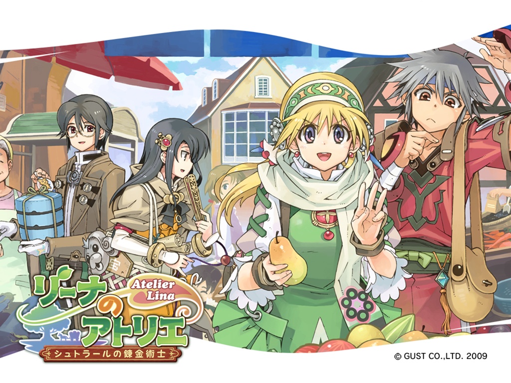 2009, 2boys, 2girls, :<, atelier_(series), atelier_lina, bag, black_hair