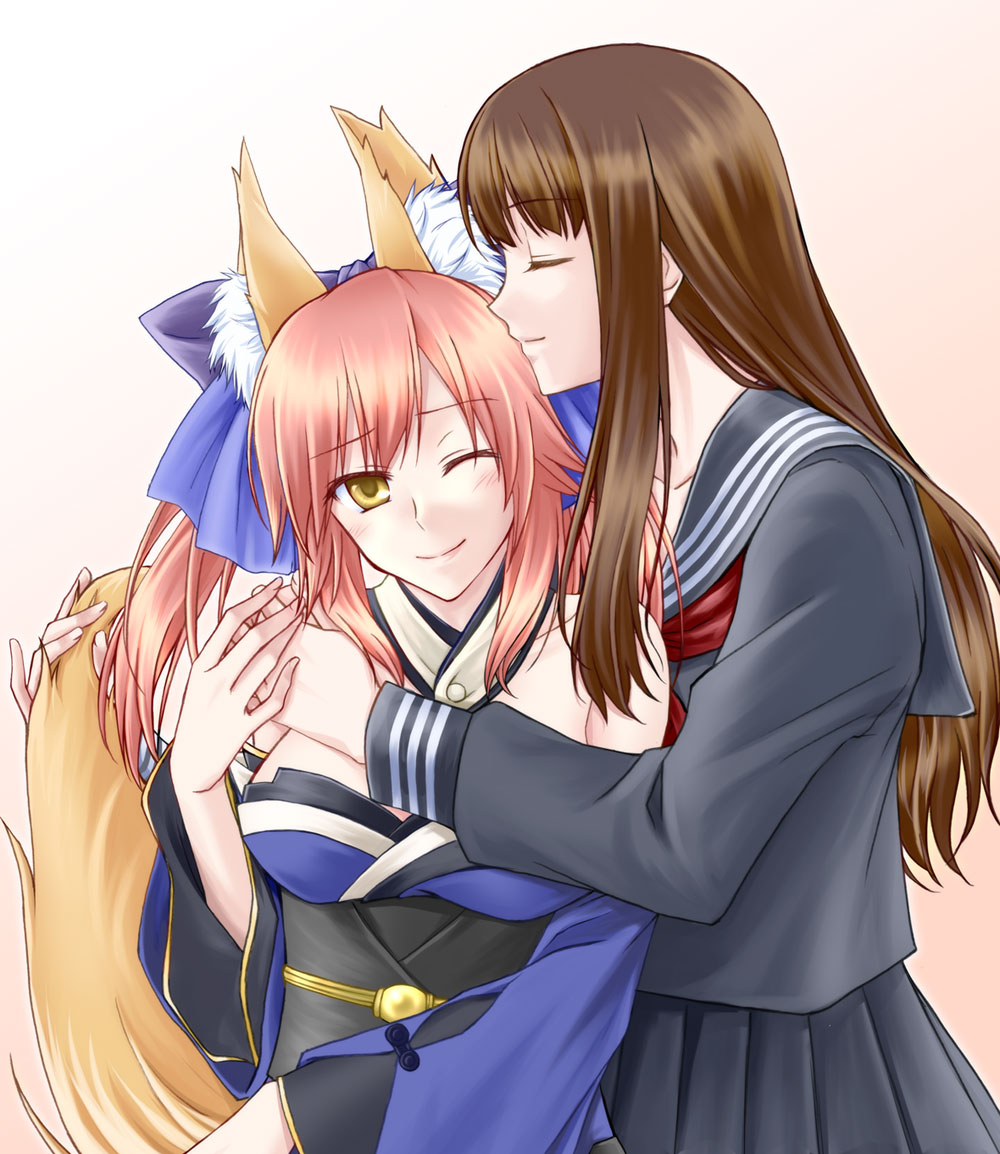 2girls, animal_ears, bare_shoulders, bow, breasts, brown_eyes, brown_hair, caster_(fate/extra)