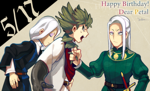 3boys, charles_vii_(inazuma_eleven), closed_eyes, english, happy_birthday, inazuma_eleven_(game), inazuma_eleven_(series), inazuma_eleven_go, inazuma_eleven_go_chrono_stone, la_hire_(inazuma_eleven), long_hair, male, medieval, monoka, multiple_boys, open_mouth, sheath, sheathed, simon_(inazuma_eleven), sword, weapon, white_hair