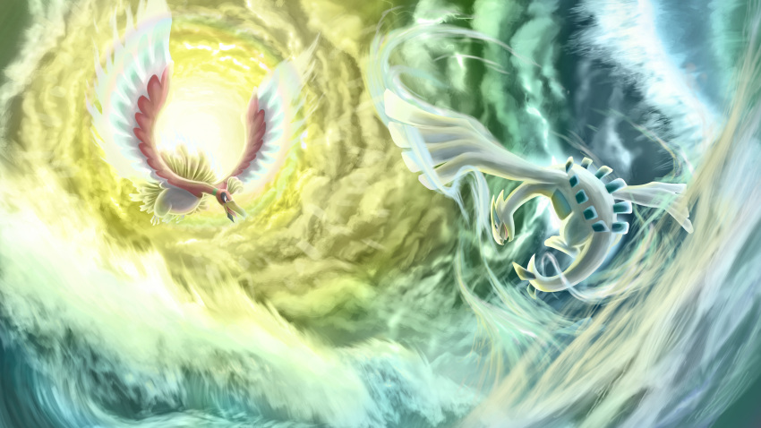 absurdres, cchhii3, clouds, highres, ho-oh, lugia, pokemon, pokemon_(creature)