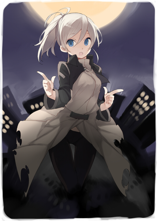 1girl, belt, blue_eyes, breasts, carnival_phantasm, finger_gun, full_moon, houkago_rojiura_doumei!, k_(li), melty_blood, moon, pointing, pose, riesbyfe_stridberg, silver_hair, solo, tsukihime
