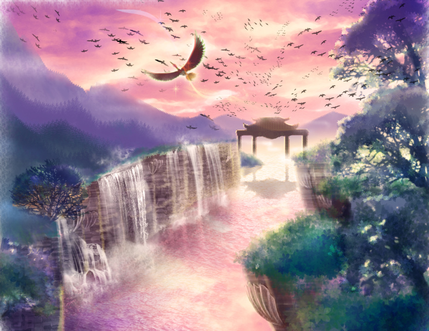 clouds, highres, ho-oh, newtop, no_humans, plant, pokemon, pokemon_(creature)