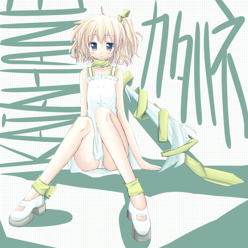 blonde_hair, dress, green_eyes, hair_ribbon, highres, katahane, panties, ribbon
