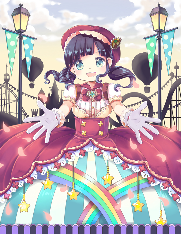 1girl, akb48, black_hair, blue_eyes, blush, clouds, dress, elbow_gloves