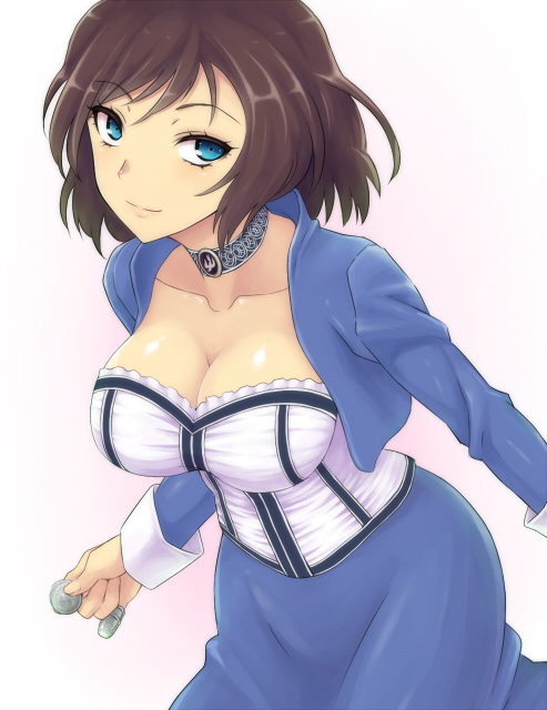 1girl, bioshock, bioshock_infinite, blue_eyes, breasts, brown_hair, choker, cleavage