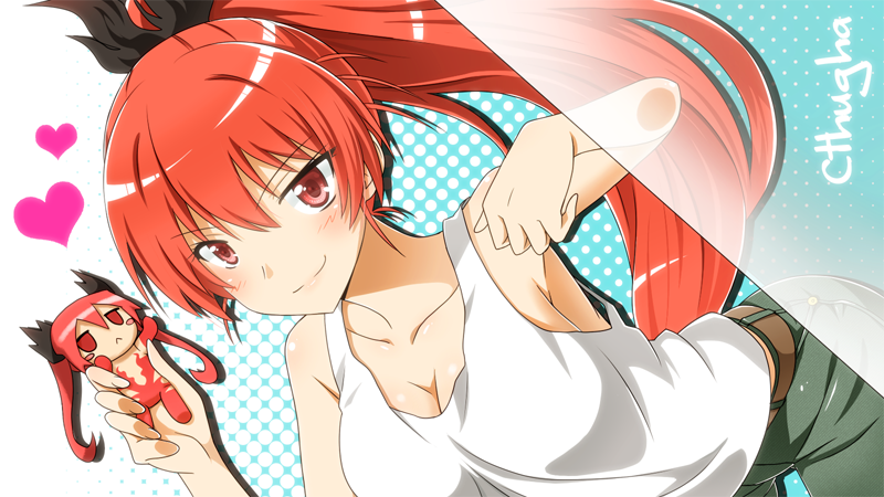 1girl, :<, blush_stickers, braid, breasts, character_doll, cleavage, cuune_(nyaruko-san)