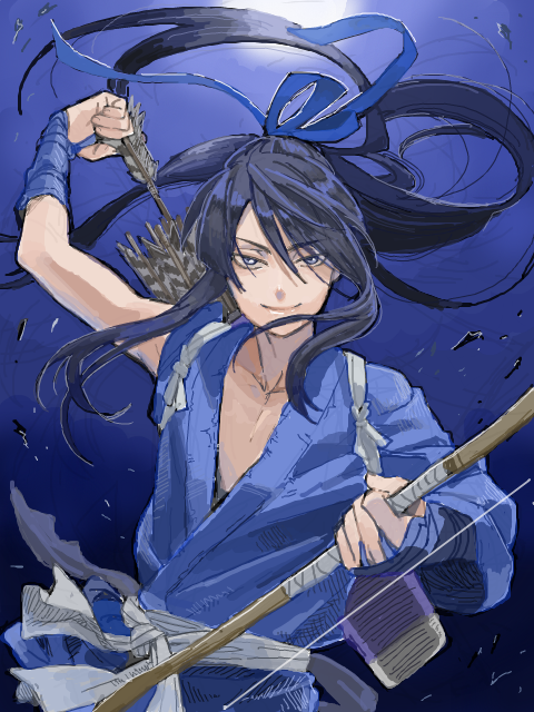 1boy, arrow, blue_hair, bow_(weapon), drifters, hair_ribbon, indesign, long_hair