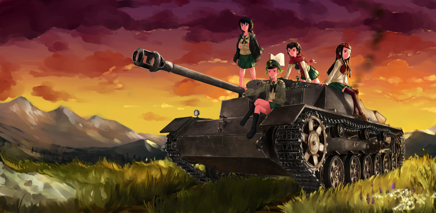 4girls, caesar_(girls_und_panzer), erwin, flag, girls_und_panzer, glasses, grass, hat, headband, landscape, lordlessv2, multiple_girls, oryou_(girls_und_panzer), saemonza, scarf, smile, sturmgeschutz_iii_ausf._f, sunset, wink