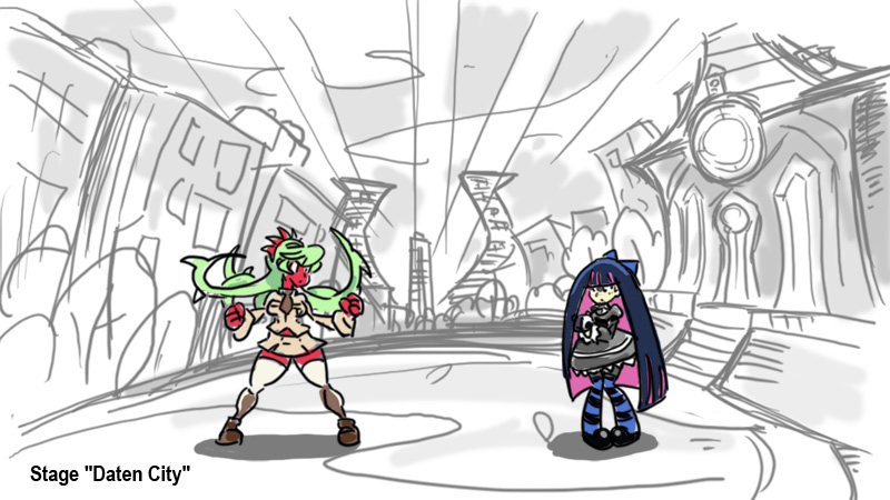 2girls, alternate_color, crossover, fighting_stance, filia_(skullgirls), green_hair, honekoneko_(psg), multicolored_hair