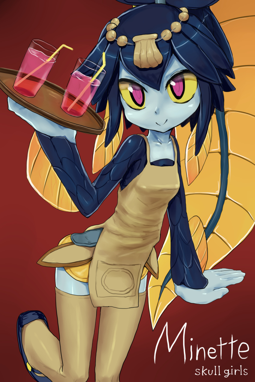 1girl, absurdres, apron, blue_skin, drink, fins, fish_girl, hair_ornament