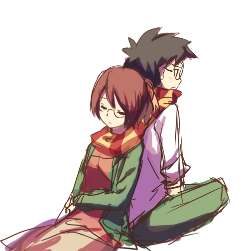 1boy, 1girl, black_hair, couple, glasses, hetero, katawa_shoujo, redhead