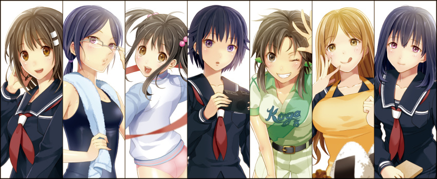 6+girls, ahoge, apron, belt, blonde_hair, blue_hair, blush, book