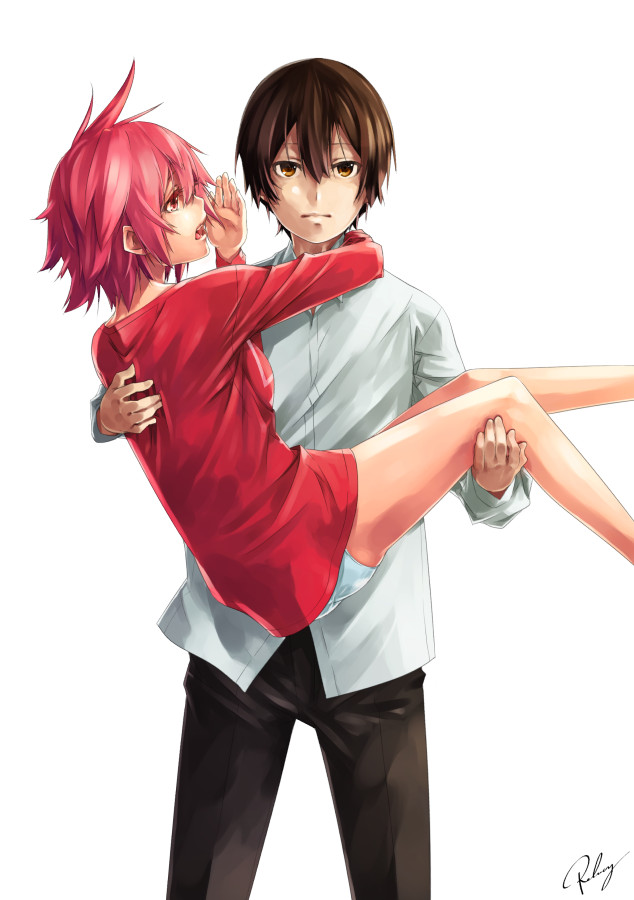 1boy, 1girl, brown_eyes, brown_hair, carrying, couple, nearly_naked_shirt, open_mouth