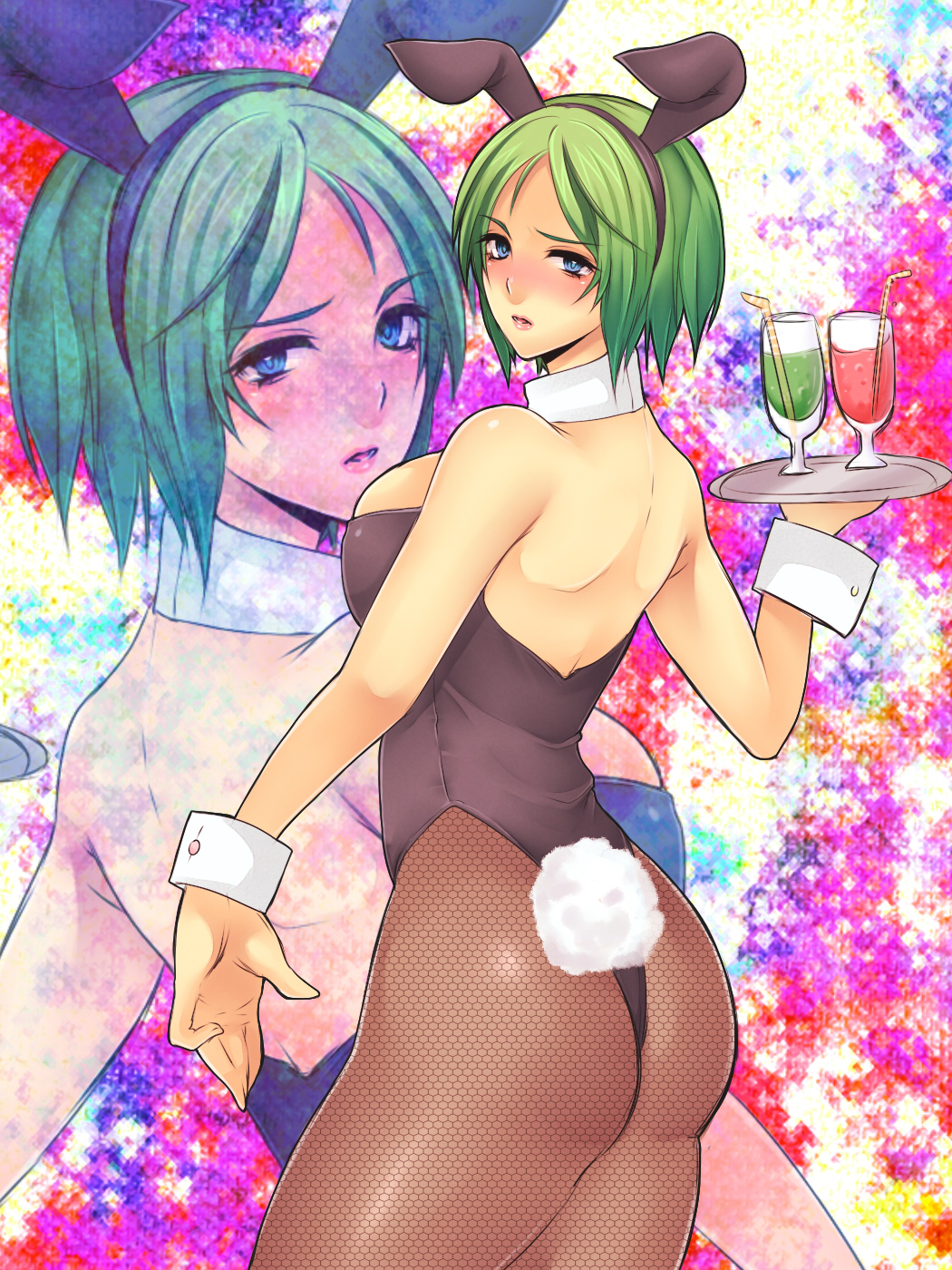 1girl, animal_ears, ass, blue_eyes, bunnysuit, detached_collar, drink, female