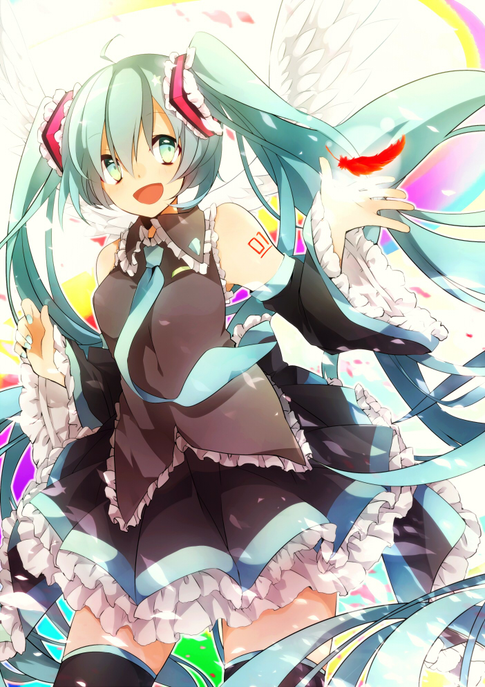 aka_tonbo_(lililil), aqua_eyes, aqua_hair, feathers, hatsune_miku, long_hair, necktie, smile, twintails, vocaloid, wings
