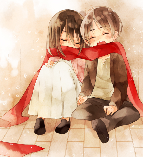 1boy, 1girl, brown_hair, child, closed_eyes, eren_jaeger, holding_hands, konagonana