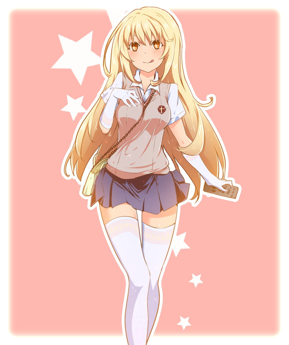 +_+, 1girl, banchii, blonde_hair, gloves, long_hair, school_uniform, shokuhou_misaki