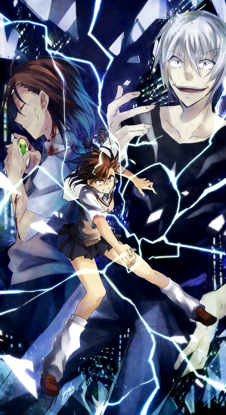 1boy, 2girls, accelerator, brown_eyes, brown_hair, empty_eyes, highres, misaka_imouto