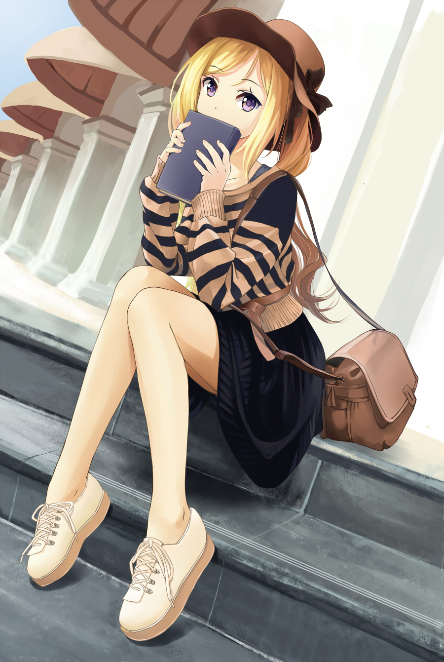 1girl, bag, blonde_hair, codec007, covering_mouth, fingernails, hair_ribbon, hat