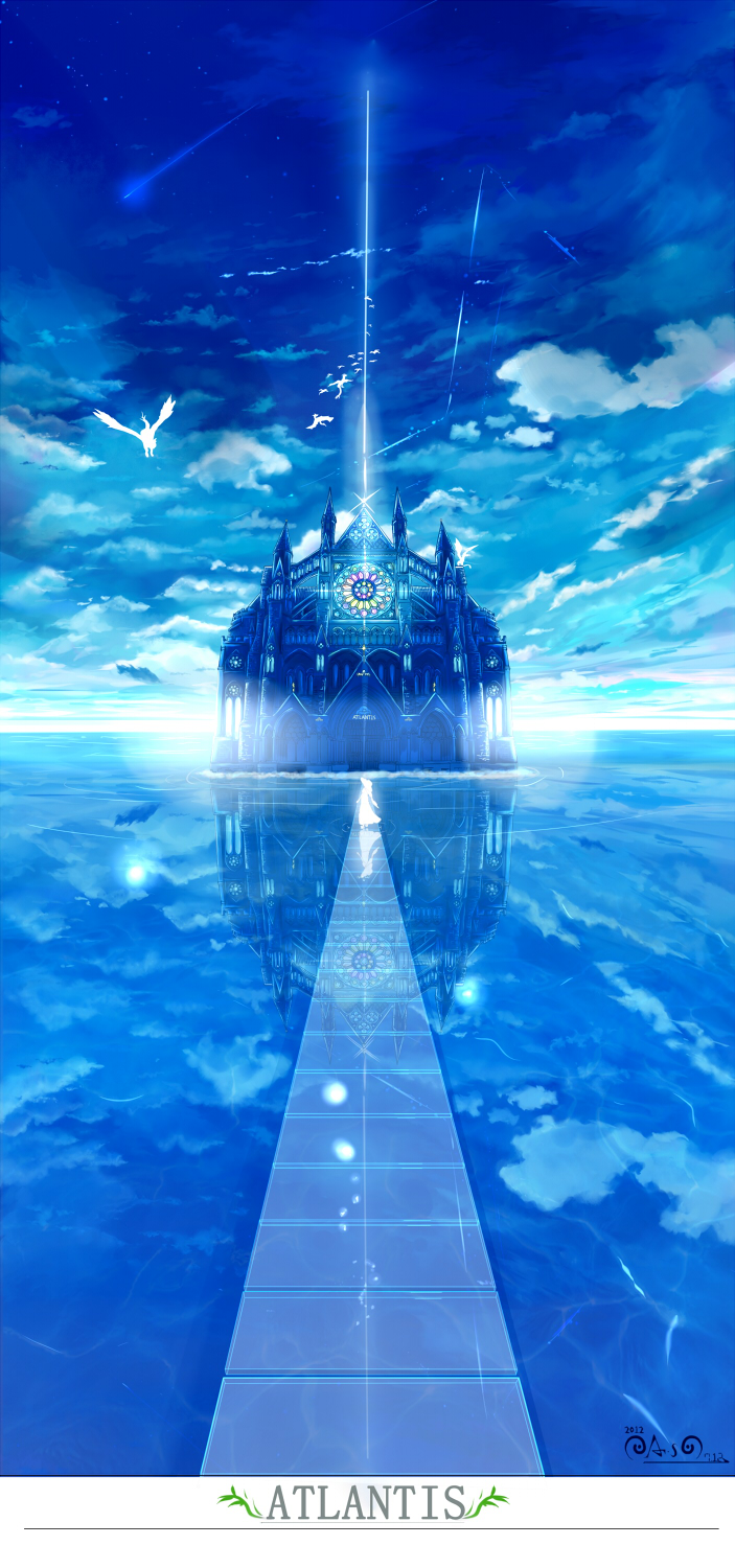 atlantis, bird, blue, clouds, highres, no_humans, original, reflection, sky, stained_glass, tenkuu_teki_kaze