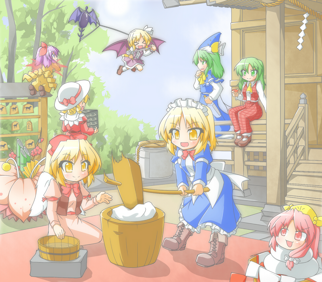 >_<, 6+girls, apron, bamboo, bat_wings, blonde_hair, blue_eyes, blue_sky