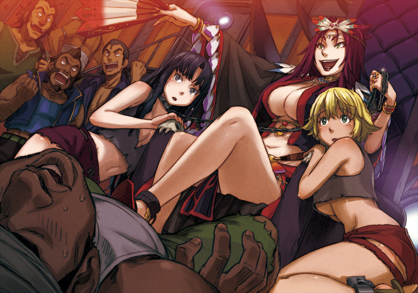 3girls, bdsm, blonde_hair, blue_eyes, blue_hair, bondage, bracelet, breasts, cleavage, crossed_legs, earrings, eyecatch, feathers, green_eyes, headdress, hoop_earrings, jewelry, large_breasts, legs, lipstick, long_hair, lukkage_(suisei_no_gargantia), makeup, multiple_girls, naruko_hanaharu, navel, necklace, paraem, parinuri, purple_hair, ring, sideboob, sitting, slave, suisei_no_gargantia, thighs, throne, underboob, violet_eyes