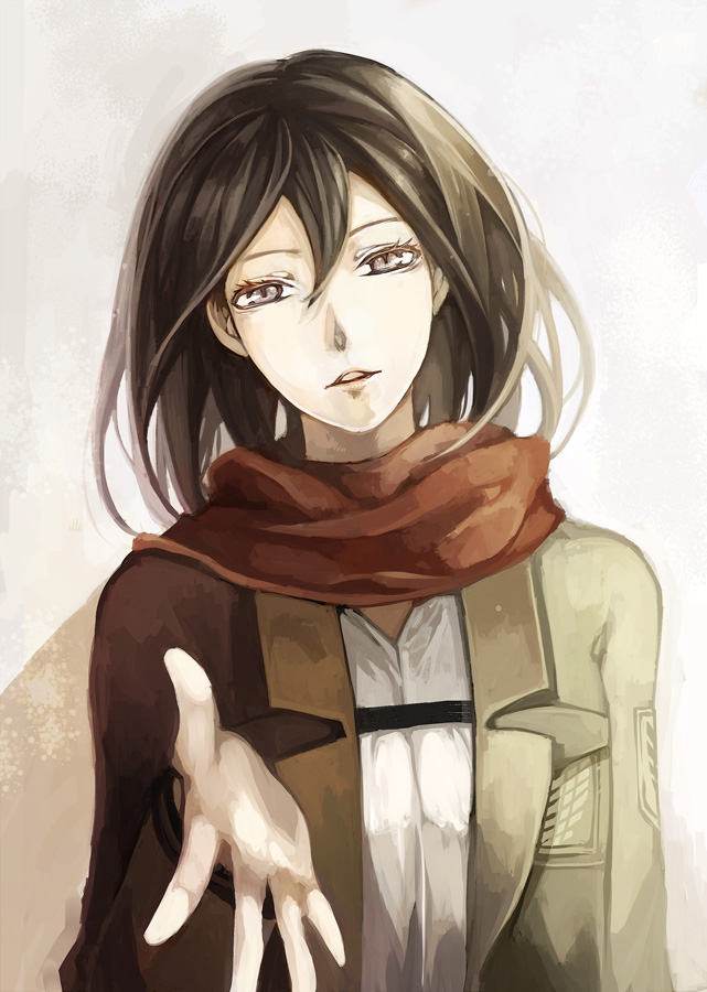 black_hair, jacket, katari_biumi, looking_at_viewer, mikasa_ackerman, scarf, shingeki_no_kyojin