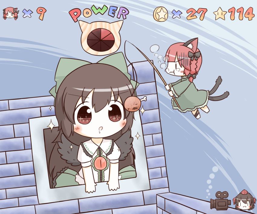 3girls, air_bubble, animal_ears, black_hair, boned_meat, bow, bubble, camera