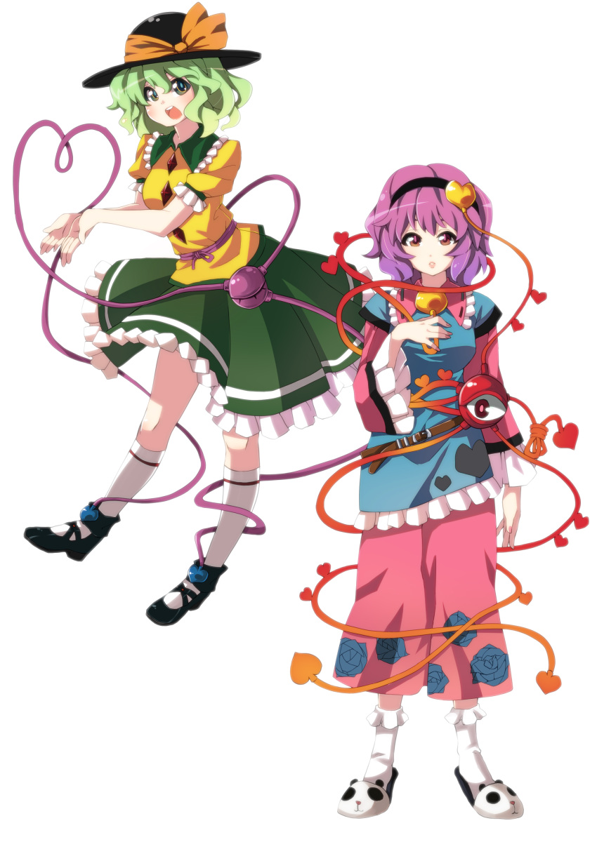 2girls, absurdres, adapted_costume, belt, bow, dress, floral_print, frills