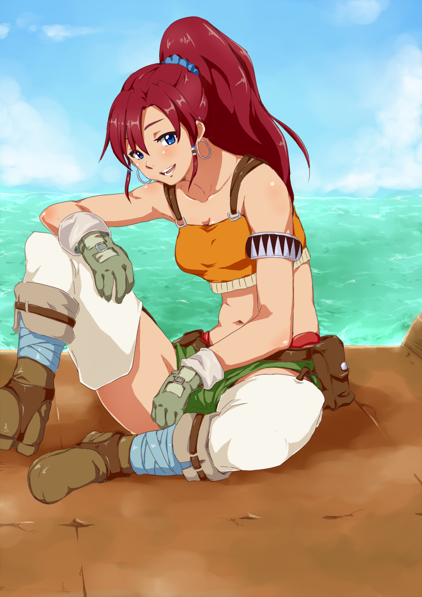 1girl, armlet, bellows_(suisei_no_gargantia), belt, blue_eyes, breasts, garter_straps, highres