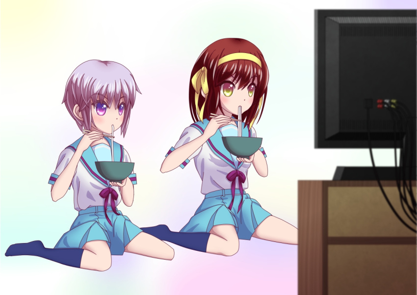 2girls, brown_eyes, brown_hair, chopsticks, eating, food, grey_hair, koishi