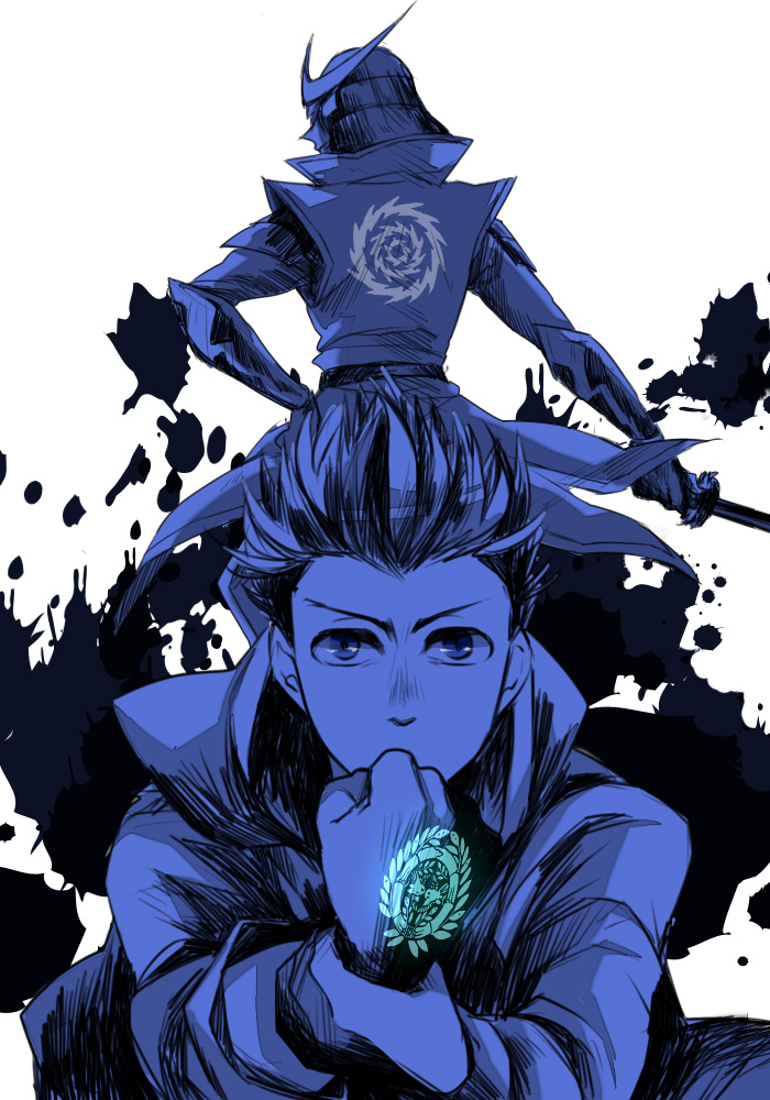 2boys, blue, command_spell, date_masamune_(sengoku_basara), fate/zero, fate_(series), hat, helmet