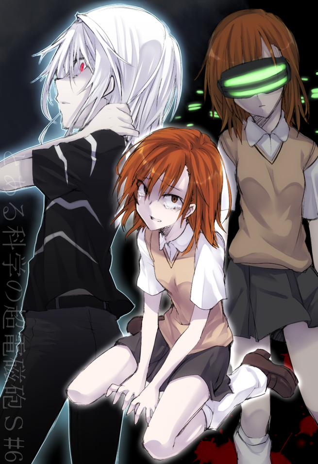 1boy, 2girls, accelerator, brown_eyes, brown_hair, head_mounted_display, idora_(idola), misaka_imouto