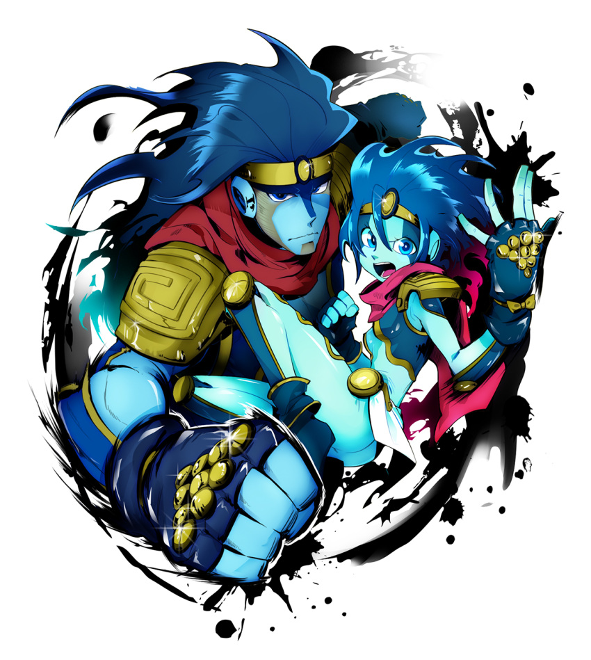 1boy, 1girl, blue_hair, brother_and_sister, clenched_hand, fingerless_gloves, genderswap, gloves