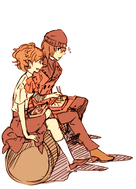 ai-wa, aragaki_shinjirou, beanie, female_protagonist_(persona_3), food, hat, obentou, persona