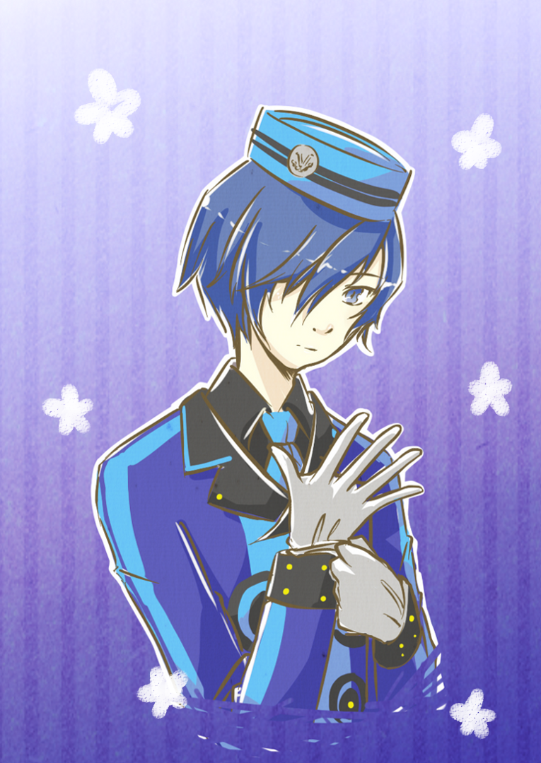 arisato_minato, blue_eyes, blue_hair, cosplay, gloves, hair_over_one_eye, hat, male