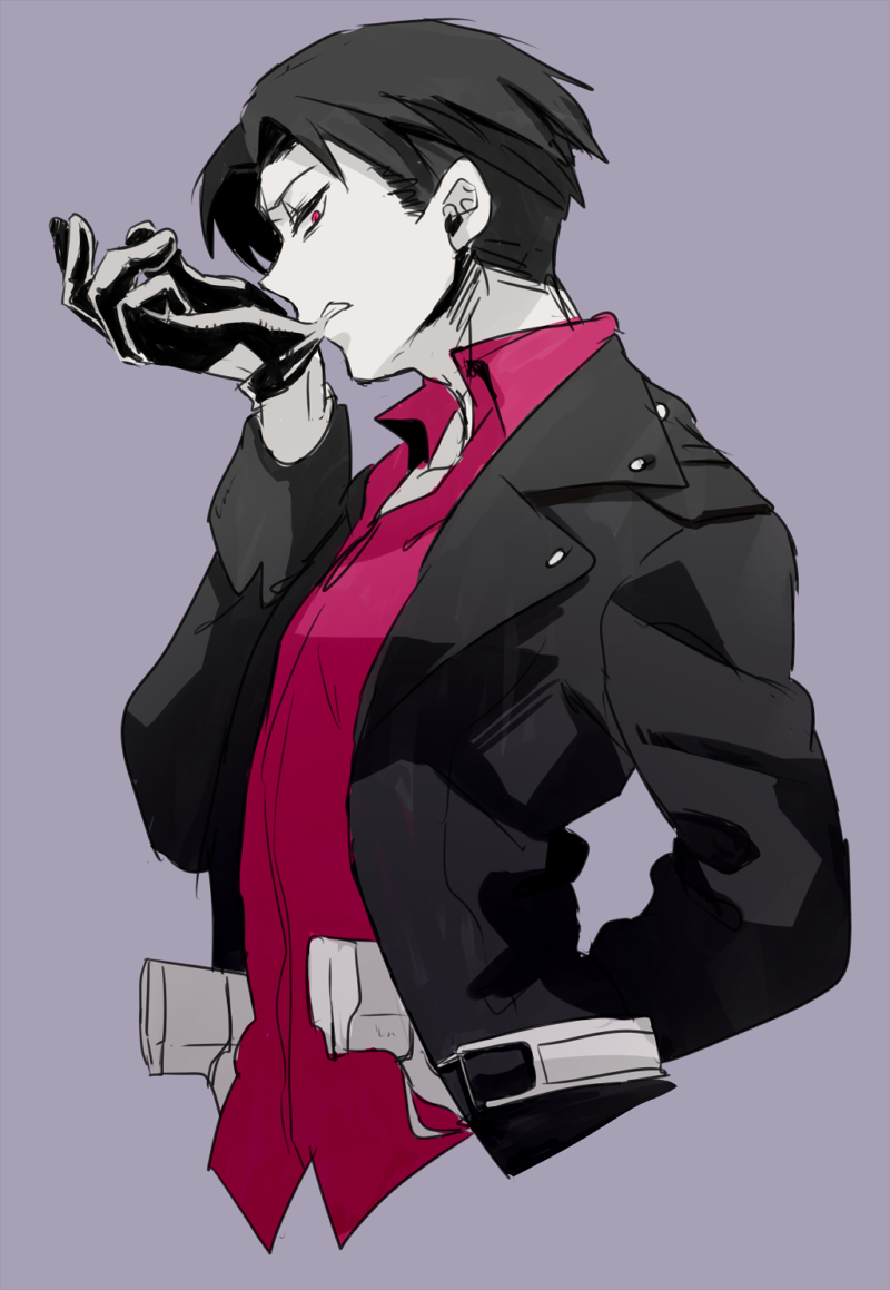 1boy, biting, black_hair, glove_biting, gloves, gun, holder, levi_(shingeki_no_kyojin)